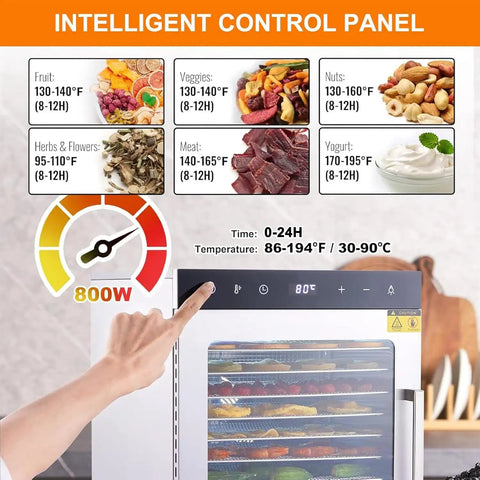 Rock Solid 10 Tray Food Dehydrator With Slick Digital Controls And Strong 800W Motor showing intelligent control panel with temperature and time settings.