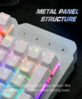Premium Wired Mechanical Gaming Keyboard With Solid Aluminum Top Plate And Responsive Full Layout Design Built For Gamers Who Want A Tight Desktop Setup That Actually Slaps close-up of metal panel structure with RGB keycaps
