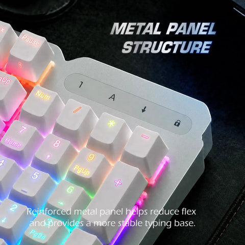 Premium Wired Mechanical Gaming Keyboard With Solid Aluminum Top Plate And Responsive Full Layout Design Built For Gamers Who Want A Tight Desktop Setup That Actually Slaps close-up of metal panel structure with RGB keycaps