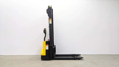 Heavy Duty Electric Thin Leg Pallet Stacker As A No Fuss Heavy Hitter With 2204 Lb Load Capacity and 130 Inch Lift Height viewed from side.