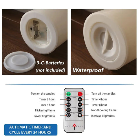 XL Flameless Pillar Candles With Remote, Outdoor Weatherproof LED Candles, battery compartment, waterproof base, remote control