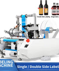 Straight Shooter Automatic Round Bottle Labeling Machine for Glass Plastic Containers, heavy duty, semi-automatic design.