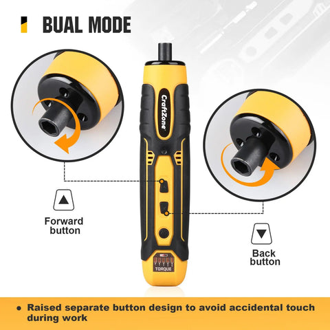 Cordless Electric Screwdriver With LED Light USB Rechargeable showing forward and reverse button details