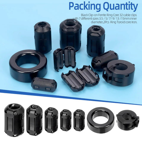 Black Clip-On Ferrite Ring Core Set With 28 Cable Clips In Five Sizes Plus Two Toroid Cores And Two Ferrite Cores For RFI EMI Noise Suppression