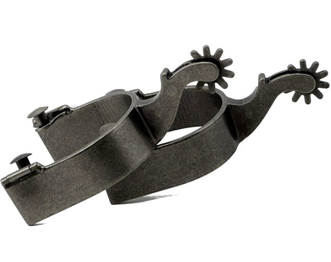 Rugged Cowboy Spurs With Straps, Antique Silver Plated Iron Finish, close-up of 1 inch band and 2-1/4 inch shank