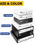 Stack of white and black cash drawers in various sizes, labeled 13 inch, 16 inch, and 18 inch, showing size options for retail use.