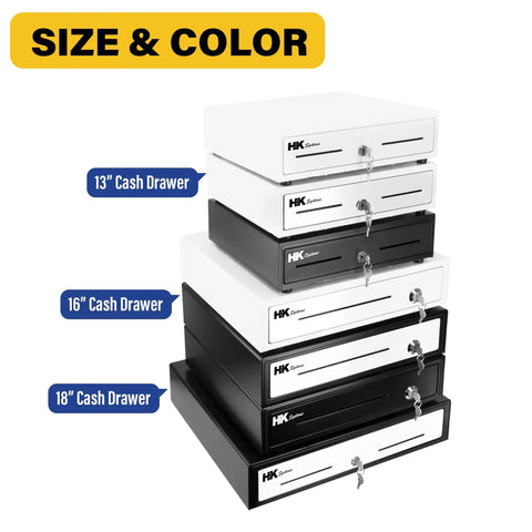 Stack of white and black cash drawers in various sizes, labeled 13 inch, 16 inch, and 18 inch, showing size options for retail use.