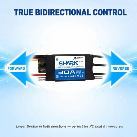 Shark G2 30A Brushless ESC With Water Cooling 2-4S Compatible, featuring bidirectional control for twin-screw RC boats and catamarans.
