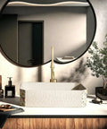 Modern Artistic Bathroom Vessel Sink - Above Counter Ceramic Washbasin for Indoor/Outdoor Use, Includes Accessories on vanity.