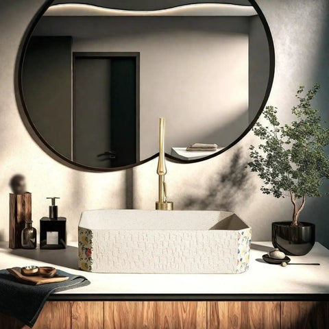 Modern Artistic Bathroom Vessel Sink - Above Counter Ceramic Washbasin for Indoor/Outdoor Use, Includes Accessories on vanity.