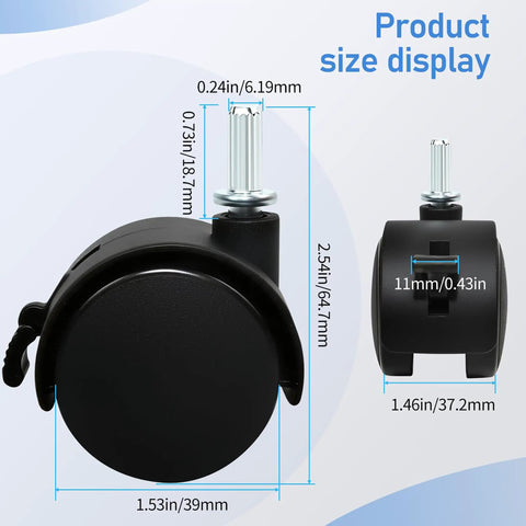 Smooth As Silk Heavy Duty 1.5 Inch Swivel Caster Wheels Set Of Four size display showing 1.5 inch diameter matte black ABS plastic casters.