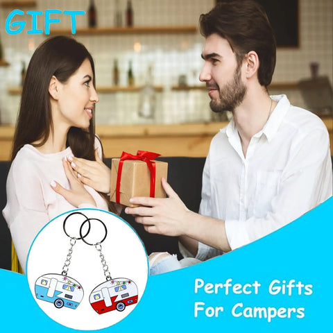 Couple exchanging gifts with inset showing Double Sided RV Camper Keychain Set 2 Pack Retro Travel Trailer Metal Key Rings