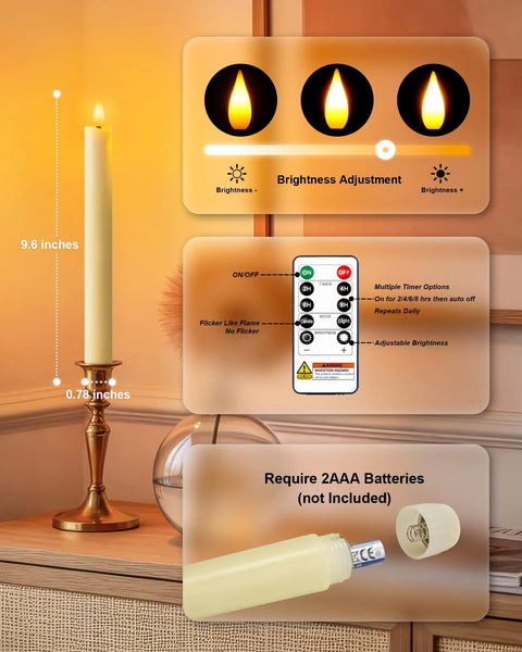 6 Pack Wax Flameless Taper Candles With Remote Timer And Dimmer, Ivory LED Candle Sticks, battery compartment shown
