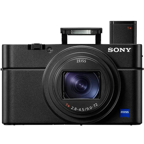 Front view of RX100 VII Premium Compact Camera Bundle With Pro Features On The Go showing lens and flash in black finish.