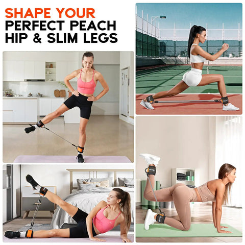Ankle Resistance Bands With Cuffs For Leg And Glute Workouts Adjustable 10 20 30 Lb Tension Ankle Straps and Exercise Bands demonstrating at-home glute exercises.