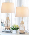 Coastal Glass Table Lamps Set of 2 With Rattan Wicker, 26.5 Inch Nautical Bedside Lamps on table with USB ports and white shade