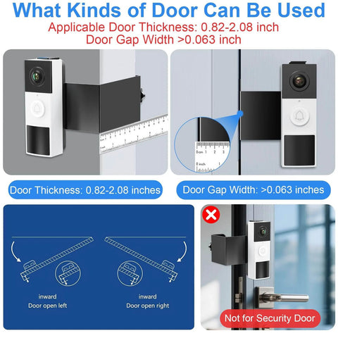 Anti Theft Doorbell Mount No Drill Universal Video Doorbell Bracket With Tamper Proof Screws Adjustable Mounting Holder showing compatibility with door thickness and gap dimensions