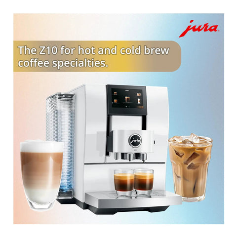 Z10 32 Specialties Automatic Coffee Machine Bundle with Glass Milk Container and drinks displayed
