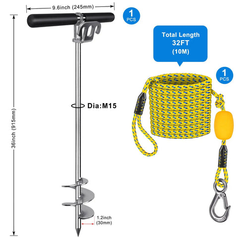 Beast Mode Heavy Duty 36 Inch Sand Boat Anchor With 32 Foot Thick Rope Hook And Float Ball 304 Stainless Steel Screw In Anchor For Pontoon Jet Ski Kayak Sandbar Beach, with rope