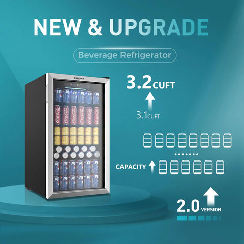 Front view of Wine And Beverage Cooler With Glass Door 128 Can Capacity Mini Fridge For Home Or Office Adjustable Removable Shelves