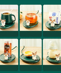 Smart Coffee Mug Warmer Set It And Forget It Design Automatic Gravity Detection Touch Controls Three Heat Levels Desk Beverage Heater To Keep Your Daily Grind Piping Warm with green mug and playful reindeer design.