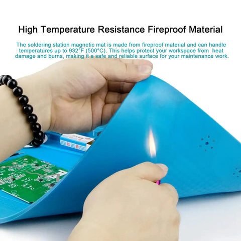 Testing heat resistance of Magnetic Silicone Repair Mat For Soldering And Electronics Workbench, Heat Resistant Up To 932F.