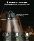 Three In One Portable Ceiling Fan And Camp Lantern With Hanging Hook Remote And USB Power Bank for nighttime outdoor use.
