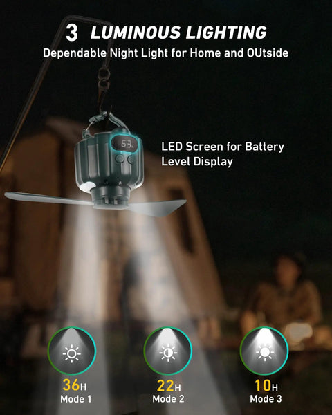 Three In One Portable Ceiling Fan And Camp Lantern With Hanging Hook Remote And USB Power Bank for nighttime outdoor use.