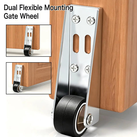 Low Profile Door Bottom Rollers, Anti Sag Repair Kit With Three Tough Steel Wheels, close-up of dual flexible mounting gate wheel.
