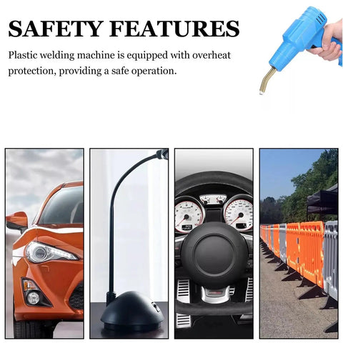 Collage showing a blue 100W Portable Plastic Welding Tool for Car Bumpers and Auto Body Repair Handheld Quick Heat Up Pro Grade.
