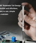 Close-up of hand using 11 Piece Mini Precision Screwdriver Set With Slotted And Phillips Bits on electronic device circuit board