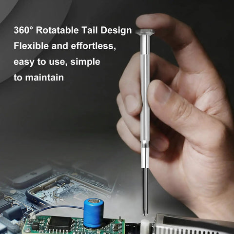 Close-up of hand using 11 Piece Mini Precision Screwdriver Set With Slotted And Phillips Bits on electronic device circuit board