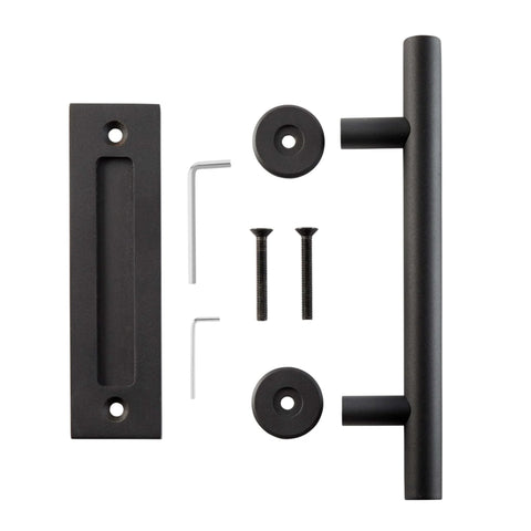Matte Black Barn Door Handle Set For Sliding Doors, Ultra Thin.02 Inch Backplate, Heavy Duty Steel Hardware with screws and tools