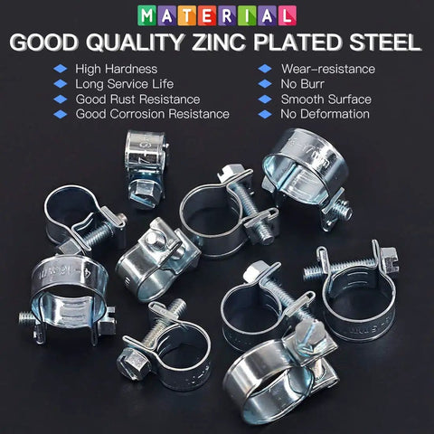 Assorted zinc plated steel clamps from 84 Piece Mini Fuel Injection Style Hose Clamp Set, durable automotive kit