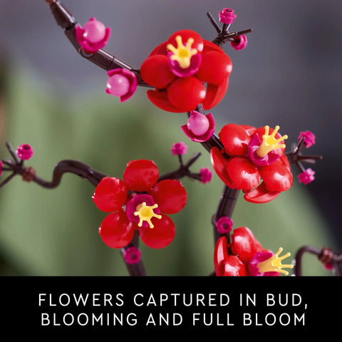 Botanicals Plum Blossom Building Set For Adults Diy Flower Craft Kit For Dining Table Centerpiece And Living Room Decor Grown Folks Friendly 18 Plus Relaxing Creative Experience Gift For Birthdays 10369, close-up red buds and blossoms