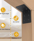 Six Pack 4 By 4 By 3 Eighths Heavy Duty Steel Corner Brackets L Shaped Right Angle Mounts For Deck And Shed Build Out Top Shelf Rust Proof Carbon Steel Frame Hardware showing a 90-degree L angle, arc corner, and thickness of 0.12 inches.