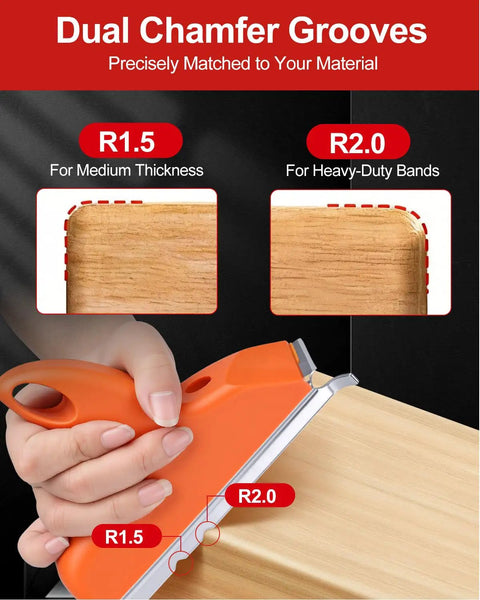 Close-up of Legendary 3 In 1 Edge Banding Trimmer With Rock Solid Stainless Blades, showcasing dual chamfer grooves for different thicknesses.
