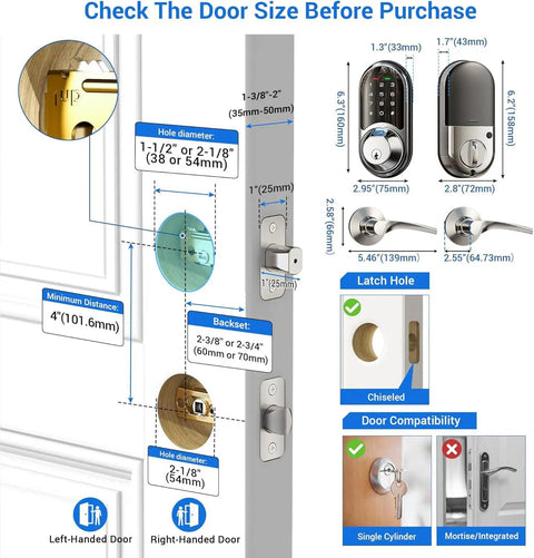 Trade In Your Heavy Keys For This Ultra Fast Fingerprint Smart Lock With Two Lever Handles In Clean Satin Nickel Finish Delivers Eight Way Keyless Entry And Smooth Remote App Control For Easy Home Living, size and compatibility details.