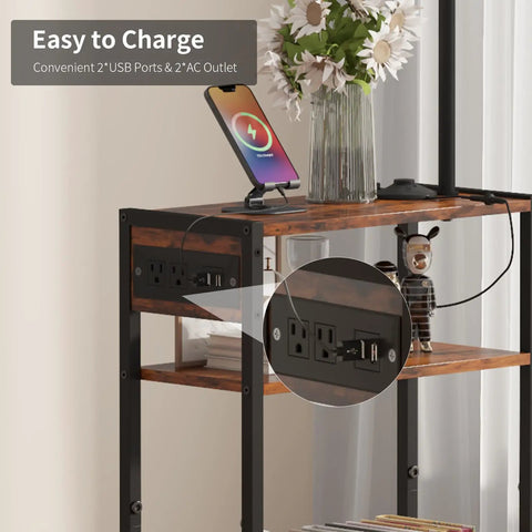 Floor Lamp With Integrated Table And Storage Baskets End Table, close-up of USB charging ports and outlets, brown