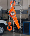 Front view of VEVOR manual lever chain hoist in orange with galvanized chain and hook, 1-1/2 ton capacity