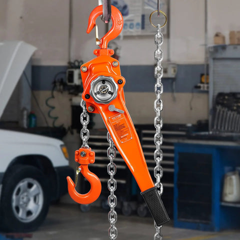 Front view of VEVOR manual lever chain hoist in orange with galvanized chain and hook, 1-1/2 ton capacity
