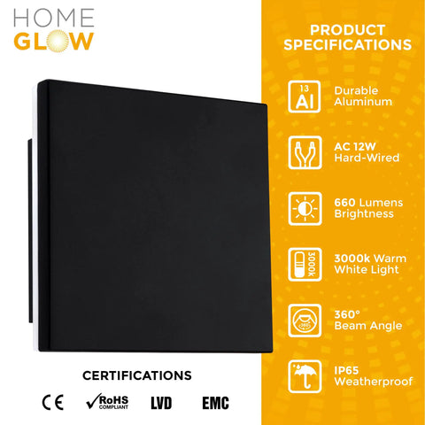 Edge LED Wall Light Indoor Outdoor Black Modern Sconce, Waterproof IP65, Warm White 3000K, 660 Lumen, Hardwired 12W