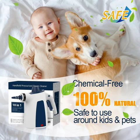 Heavy Duty Handheld Steam Cleaner For Kitchen Tile And Bathroom, baby, corgi dog, safe cleaning around children and pets.