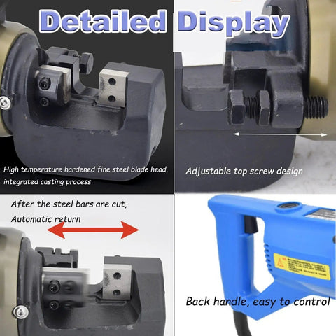 Detailed view of Heavy Duty Portable Electric Hydraulic Rebar Cutter Steel Bar Scissor Shear Tool with adjustable screw design.
