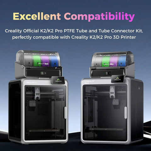 K2/K2 Pro PTFE Bowden Tube Kit With Metal Pneumatic Fittings For K2 And K2 Pro 3D Printers shown with compatible printers