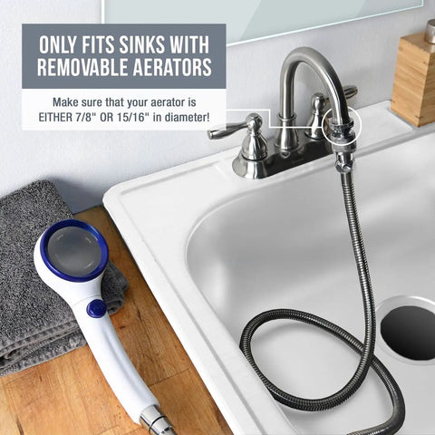 Sink Hose Sprayer Attachment For Bathroom And Kitchen Faucets, Extender And Hair Washing Hose shown installed on faucet