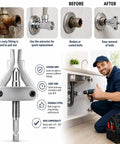 Grab This Heavy Duty Broken Pipe Extractor Set To Fix Rusty Stripped Boltss And Damaged Threads On Half Inch Or Full Inch Pipes With Ease Using A Hex Shank Drill For Your Next Fix It Today Plumbing Project. Alloy steel pipe extractor tool removing rusted fitting under sink.