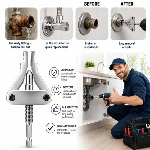 Grab This Heavy Duty Broken Pipe Extractor Set To Fix Rusty Stripped Boltss And Damaged Threads On Half Inch Or Full Inch Pipes With Ease Using A Hex Shank Drill For Your Next Fix It Today Plumbing Project. Alloy steel pipe extractor tool removing rusted fitting under sink.