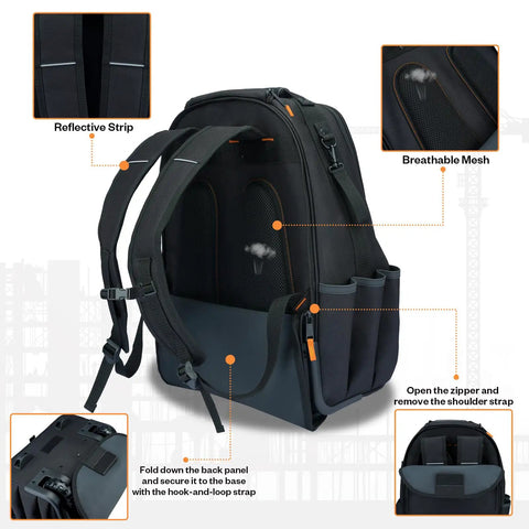 Back view of Rolling Tool Backpack With Wheels, Heavy Duty 37 Pocket Organizer for Electricians, Contractors, HVAC Pros, and DIYers.