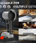 Cordless Brushless Angle Grinder Kit With Dual 21V 2000mAh Batteries For Beast Mode Power On The Go 28000 RPM High Speed Mini Electric Grinder For Metal And Wood displayed with cutting and polishing features